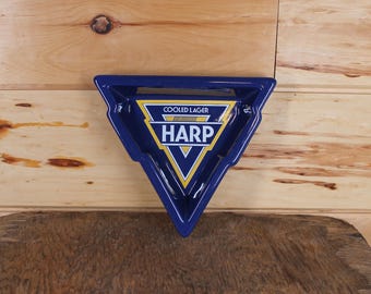 Vintage Harp Lager Triangular Advertising Bar Ceramic Blue Ashtray