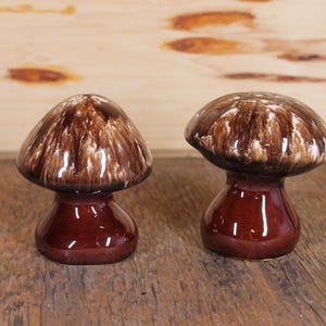 Op de afbeelding: Twee bruine en witte keramische paddenstoelbeeldjes met een glanzende afwerking. De paddenstoelen hebben een bruine basis en een witte en bruine bovenkant.