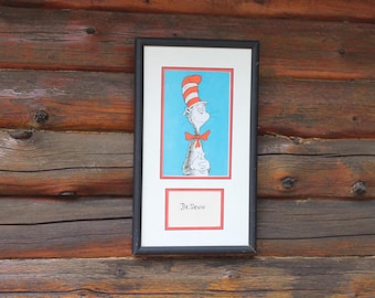 Vintage Dr. Seuss Cat In The Hat Framed Print Wall Hanging Decor