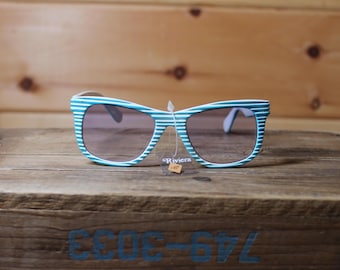 Gafas de sol retro vintage Riviera azules y blancas a rayas, nuevas con etiquetas (NOS).