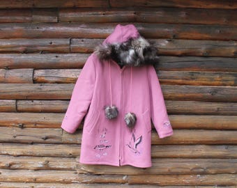 Vintage Northern Sun Pink Peach Wool Geese Bird Nature Themed Winter Wool Pom Pom Parka Coat Adult Size Medium