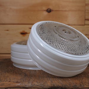 Vintage Set of 2 Large Deco Glass Light Fixture Dome Light Cover Shade - Pair of Clear Glass With Milk White Glass Home Decor