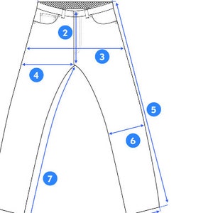 May include: Line drawing of a pair of jeans with measurements labeled 1 through 8. The measurements are in inches.