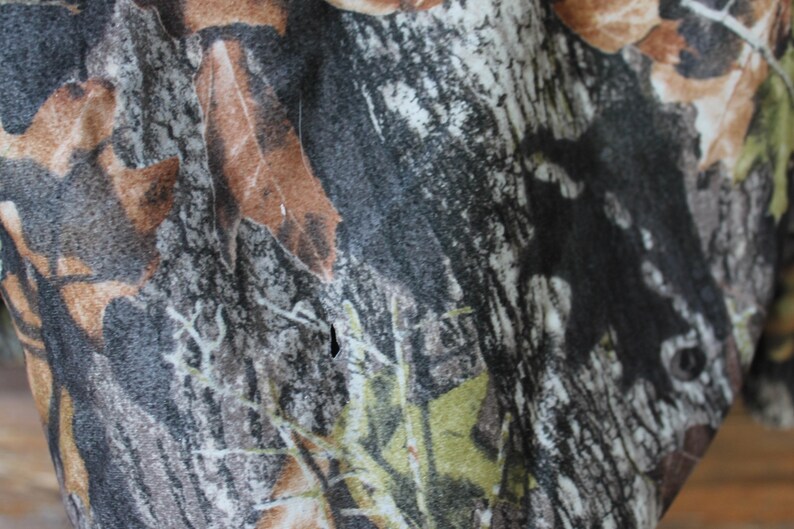 May include: Close-up of a camouflage pattern fabric. The design features a mix of brown, green, gray, and black, resembling leaves and branches. The fabric appears to be textured, with visible details in the print.