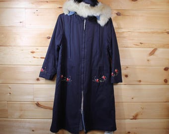 Vintage Blue Blanket Lined Ski Fur Hooded Winter Parka Coat Adult Size Small