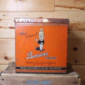Lata cuadrada publicitaria de metal vintage Bensons Toffee Orange