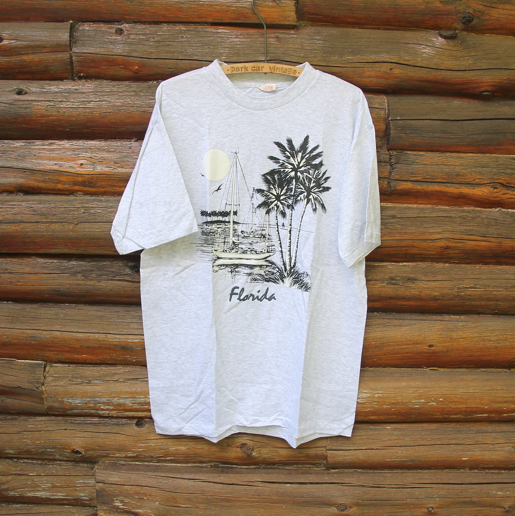 T-shirt Vintage FLORIDA Années 90 – Motif Bateau à Voile Néon, Taille XL, 100% Coton