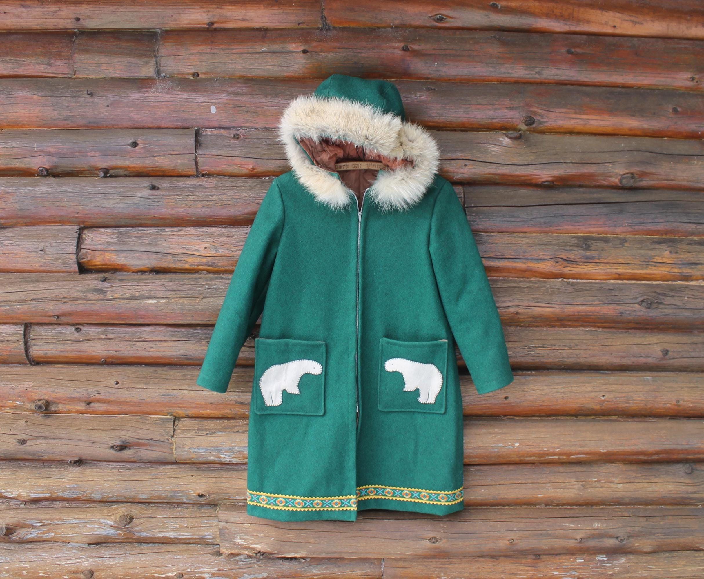 Vintage Women's Inuit Native Green Wool Winter Parka Coat Pattern