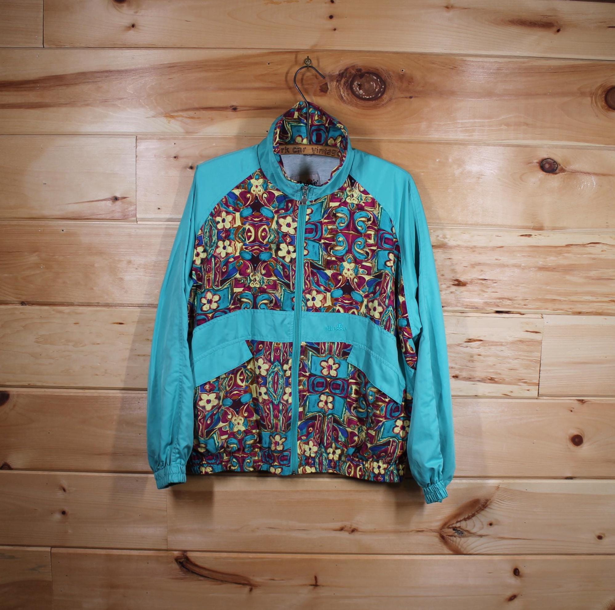 Vintage Ellesse Teal Flower Pattern Light Full Zip Jacket Adult