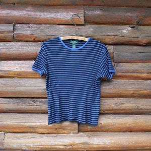 Vintage Lauren Ralph Lauren Striped Black and Blue Soft Cotton T-Shirt Size Medium