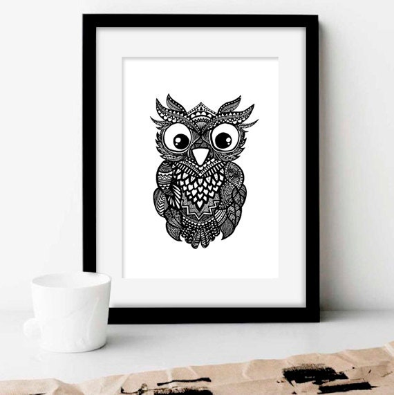 Hibou Dessinés à La Main Art Print Feutre Dessin Au Trait Modèle Chouette Zentangle Black White Digital Print Téléchargement Non Encadré Et