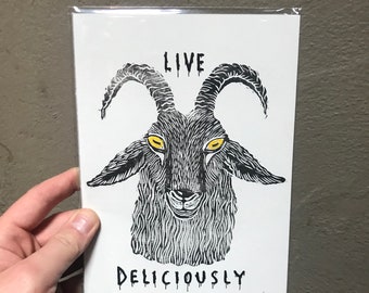 live deliciously the VVitch Black Phillip lino cut print handmade lino cut goat horror collectible gift for goth
