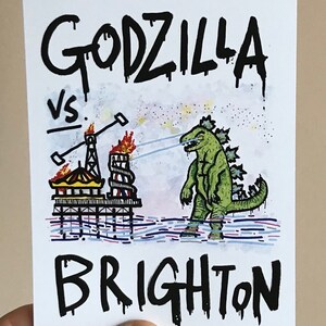 Brighton and Hove Godzilla postcard Funny Brighton mini print A6 double sided image 1