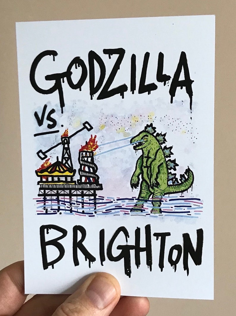 Brighton and Hove Godzilla postcard Funny Brighton mini print A6 double sided image 1