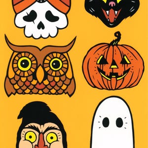 May include: A set of five Halloween-themed illustrations featuring a skull wearing a turban, a black cat, an owl, a jack-o'-lantern, and a ghost.