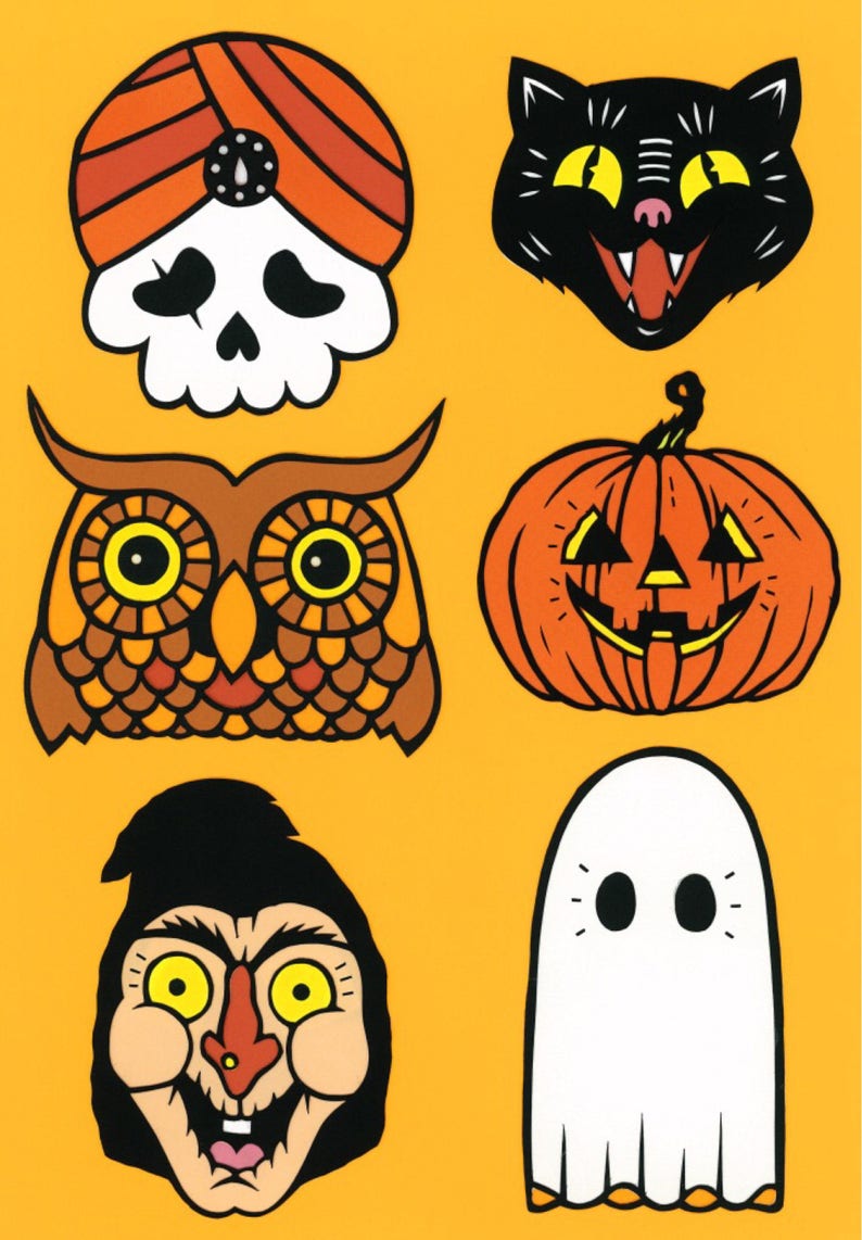 May include: A set of five Halloween-themed illustrations featuring a skull wearing a turban, a black cat, an owl, a jack-o'-lantern, and a ghost.