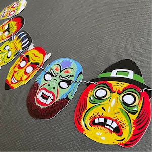 Retro 1980’s Halloween mask papercut Garland reusable  halloween party mask decoration vintage Halloween mask Garland