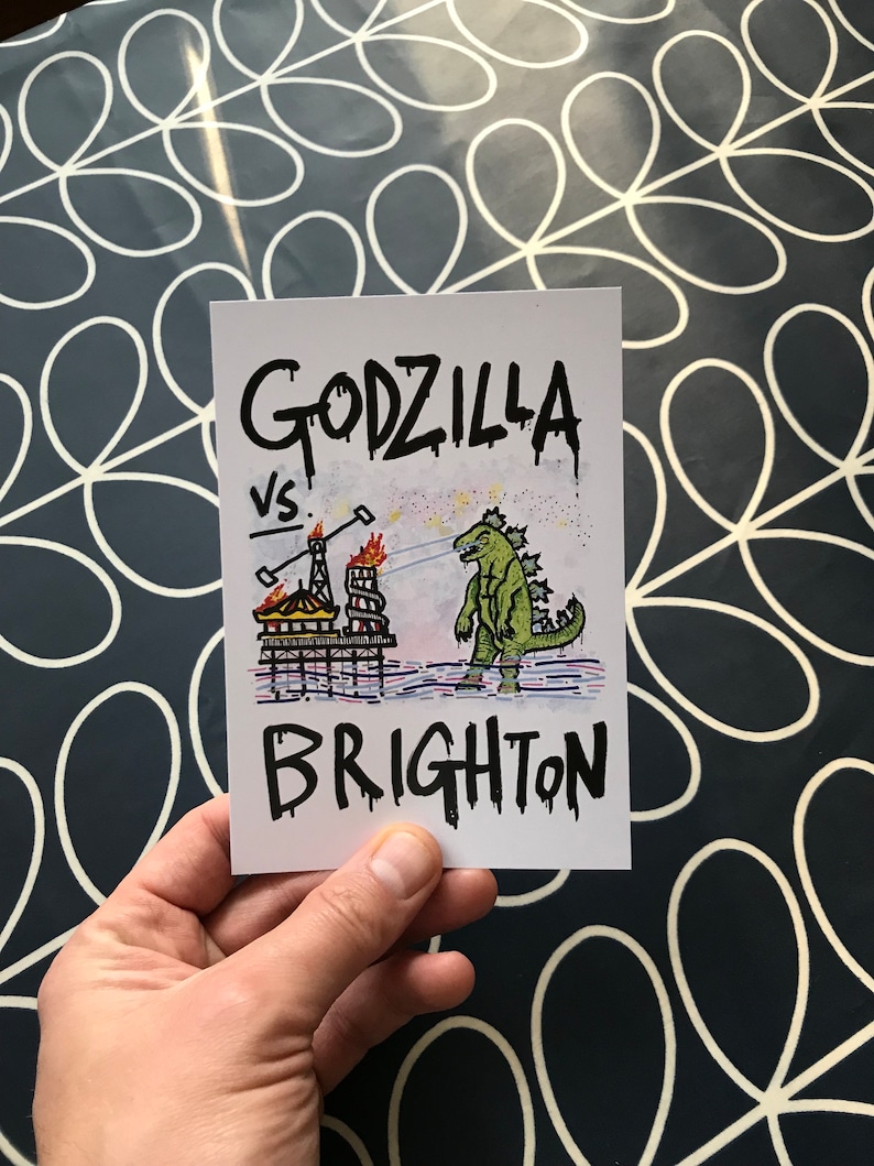 Brighton and Hove Godzilla postcard Funny Brighton mini print A6 double sided image 2