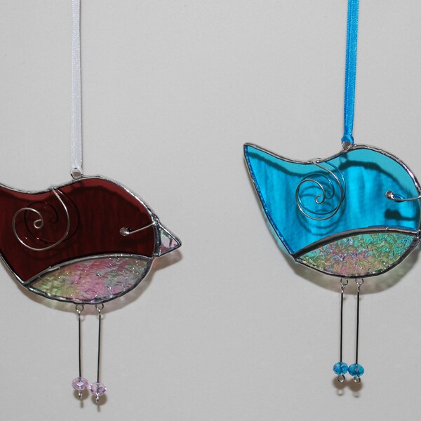 Stained Glass 3D Birds Maroon, Turquoise Iridescent 3D Stained Glass Bird Ornaments