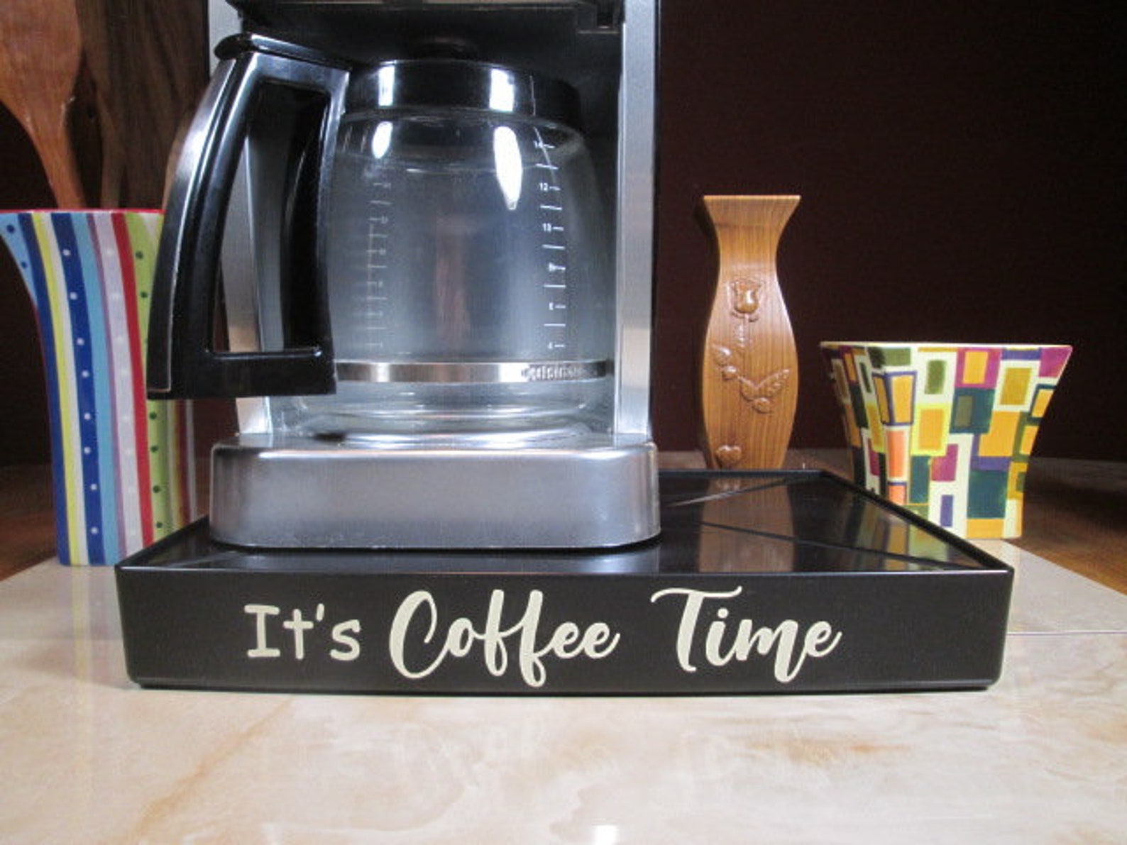 Coffee Maker Overflow Deck Station With Words Applied in Vinyl, Perfect