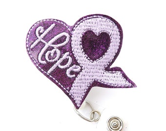Purple glitter awareness ribbon badge reel - Heart Badge reel - Nurse badge holder - Medical badge reel