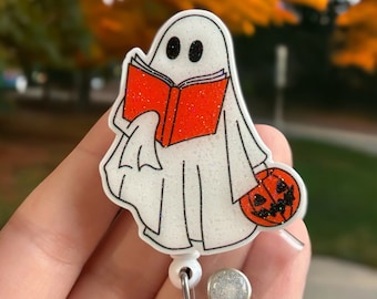 Halloween Badge reel - Reading Ghost badge reel Retractable badge - Glitter badge topper - ID holder -  Spooky Cute ghost - Nurse