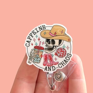 Caffeine and chaos badge reel - Skeleton badge reel  - Cute badge reel- Badge holder - Gift for coworker