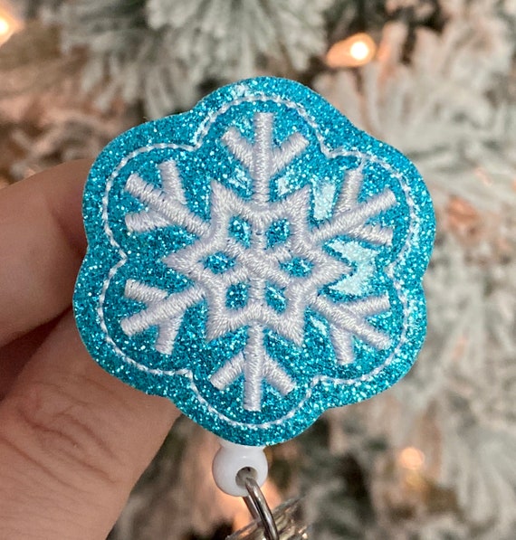Snowflake Badge Reel - Blue Glitter Snowflake Retractable Badge Reel - Snowflake Badge ID Holder - Rn Gift - Nursing Gift - Work Badge 