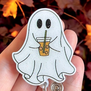 Halloween Badge reel - Coffee Ghost badge reel Retractable badge - Badge topper - ID holder -  Spooky Cute ghost - Nurse - Medical -