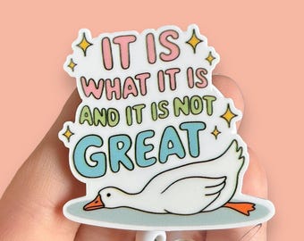 May include: A white retractable badge holder with a cartoon duck and the text "It is what it is and it is not great" in colorful letters. The duck is lying on its back with its feet in the air.