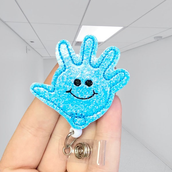 Blue glitter glove hand badge reel - Nurse badge reel - Glitter badge reel - Retractable badge reel - Badge holder