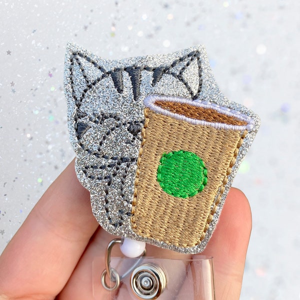 Glitter cat with coffee badge reel - Glitter kitty badger holder - Nurse badge reel - Rn badge reel - Cat mom
