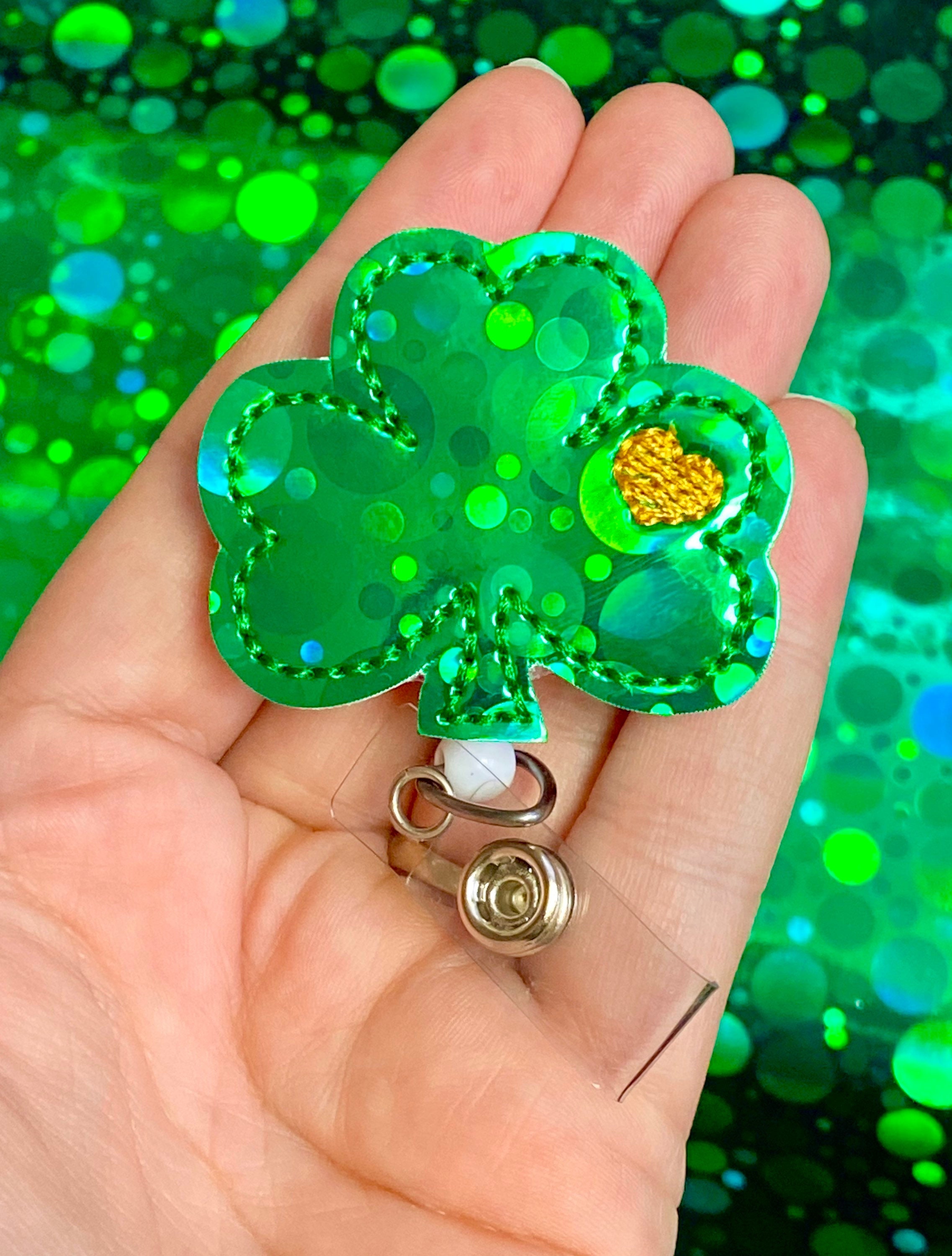 Green Holographic Glitter Shamrock Retractable Badge Reel Nurse ID Badge  Reel Clover Badge Reel RN Badge Reel Retractable Badge 