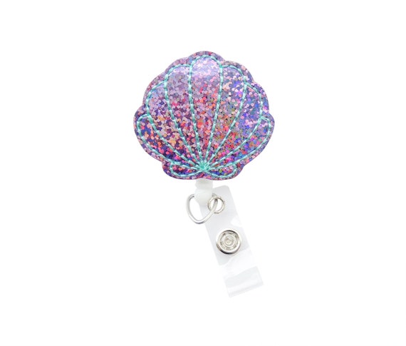 Lavender holographic Seashell badge holder - Summer badge reel - Nurse  badge reel
