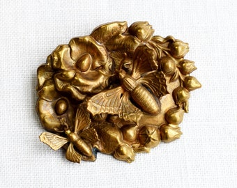 Antique 1930&#39;s Butterfly Brooch | Vintage 30&#39;s Gold Repousse Floral Brooch | Dimensional Butterflies | Style Metal Specialty Co. New York