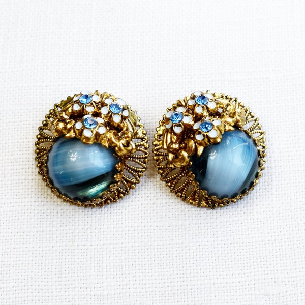 Vintage 1940's Blue Cabochon Earrings | 40's West German Filigree Earrings | Enamel Flowers | Marbled Glass | Blue Rhinestones | Gold Frame