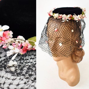 Vintage 1940s Black Velvet Veiled Hat | 40s Floral Trim Fascinator | Pink & White Flowers | Green Velvet Leaves | Embellished Net Veil