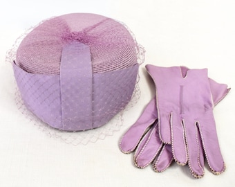 Vintage 1960's Pillbox Hat & Matching Gloves | 60's Lilac Spring Straw Hat | Large Grosgrain Bow | Net Veil | Topstitched Leather Gloves