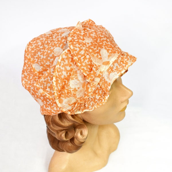 Vintage 1920's Floral Print Boudoir Cap | 20's Peach & White Lightweight Cotton Bonnet | Ruffled Front Edge | Ditsy Print | Flapper Hat