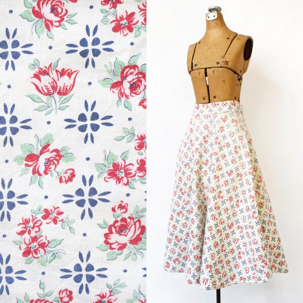 Vintage 1940's Print Circle Skirt | 40's Feedsack Floral Spring Skirt | Soft Cotton Poplin | Pink Roses & Tulips | Bias Cut | Size Small