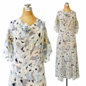 Vintage 30s Bias Cut Gown | 1930s Silk Chiffon Day Dress | Blue & White Floral | Art Deco Print | Drop Waist | Flutter Sleeve | Size Small