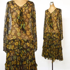 Vintage 1920s Fall Floral Print Dress | 20s Silk Chiffon Day Dress | Green & Gold Flowers | Drop Waist | Bow Detail | Tiered Skirt | Small