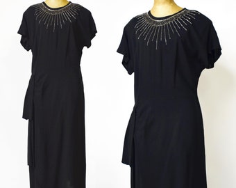 Vintage 1940s Draped Cocktail Dress | 40s Black Rayon Party Dress | Beaded Neckline | Hip Swag | Dolman Sleeve | Shoulder Pads | Size Large