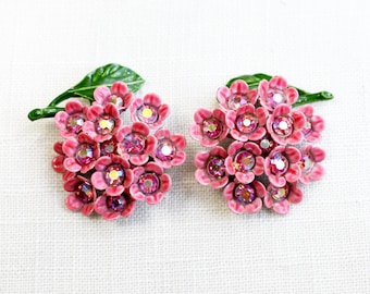 Vintage 50's Pink Flower Earrings | 1950's Large Floral Clip Earrings | Pink Rhinestones | Dimensional Petals | Green Leaves | Metal Enamel