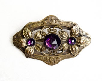 Vintage 1930s Art Nouveau Floral Brooch | 30s Engraved Gold Frame Pin | Large Purple Glass Stones | Dimensional Petals | C Clasp Closure