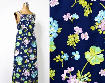 Vintage 1960s Hydrangea Print Maxi Dress | 60's Large Floral Hostess Dress | Navy Blue Cotton Sundress | Turquoise & Purple Flowers | Small