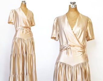 Vintage 40's Champagne Satin Evening Dress | 1940's Classic Ivory Formal Gown | Draped Bodice | Full Tiered Skirt | Short Sleeve | Size XXS