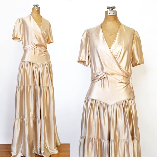 Vintage 40's Champagne Satin Evening Dress | 1940's Classic Ivory Formal Gown | Draped Bodice | Full Tiered Skirt | Short Sleeve | Size XXS