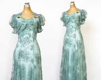 Vintage 1940's Old Hollywood Evening Gown | 40's Turquoise Flocked Floral Dress | Puff Sleeve | Velvet Flowers | Button Back | Size Small