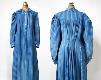 Vintage Indigo Print Work Dress | Antique Victorian Calico Day Dress | Figured Stripe | Long Sleeves | Full Skirt | Cotton Bodice | Size XL